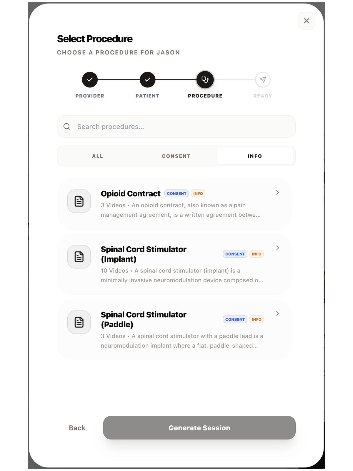 Selecting a procedure in the practice portal